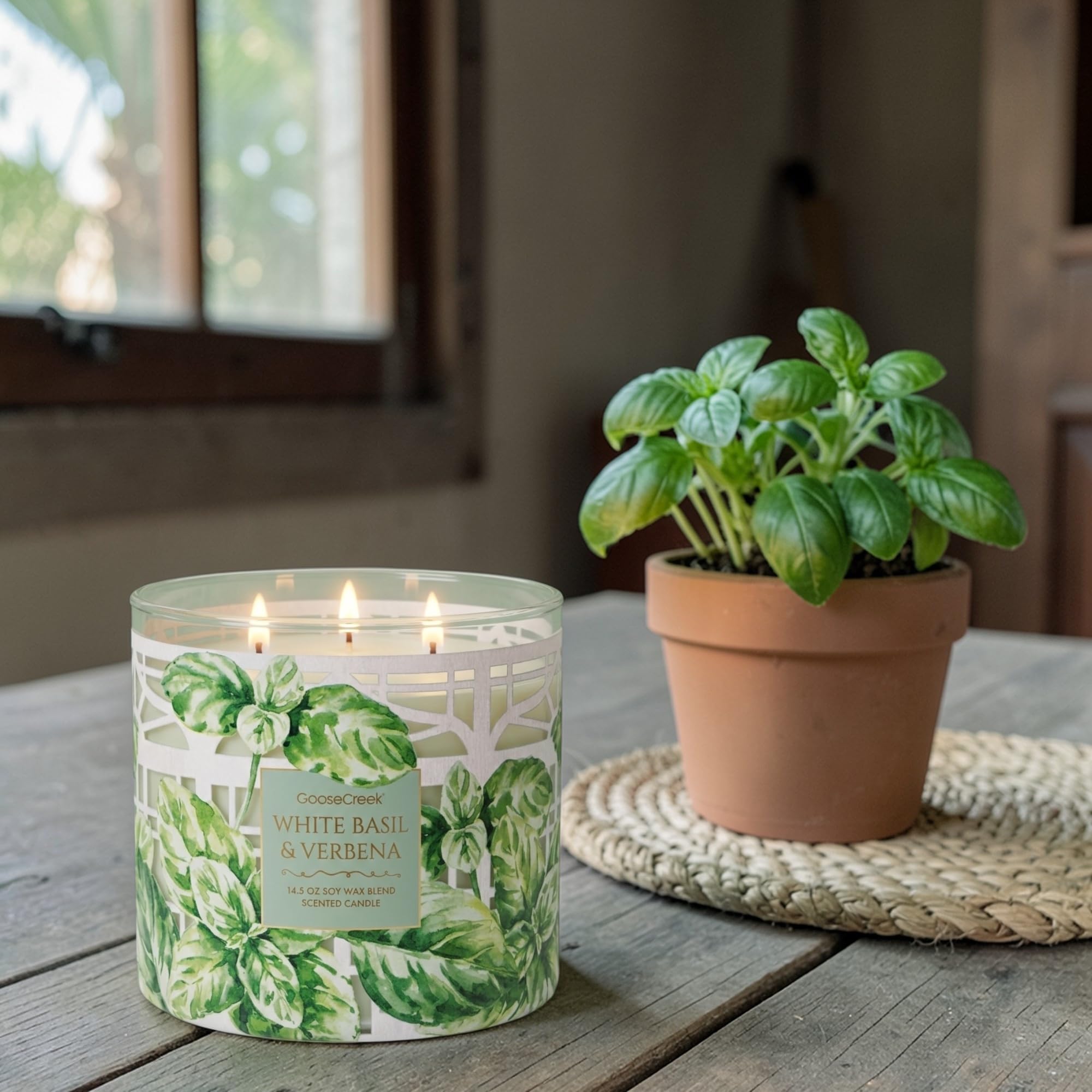 White Basil & Verbena Scented Candle, 14.5 oz Soy Wax Blend, Gold Lid