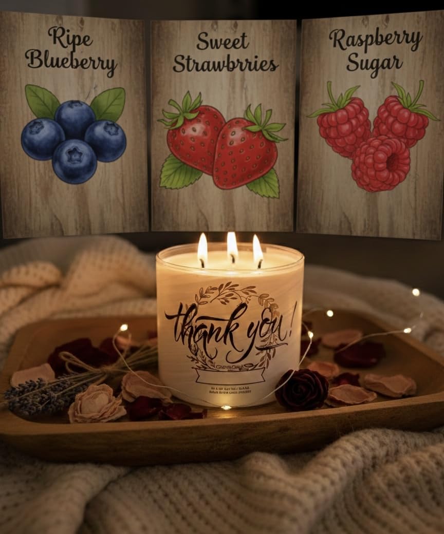 Thank You Candle, 3-Wick Soy Wax Blend, 14.5 oz, Berry Scented & as a Gift Artisanal soap Strawberry Shortcake