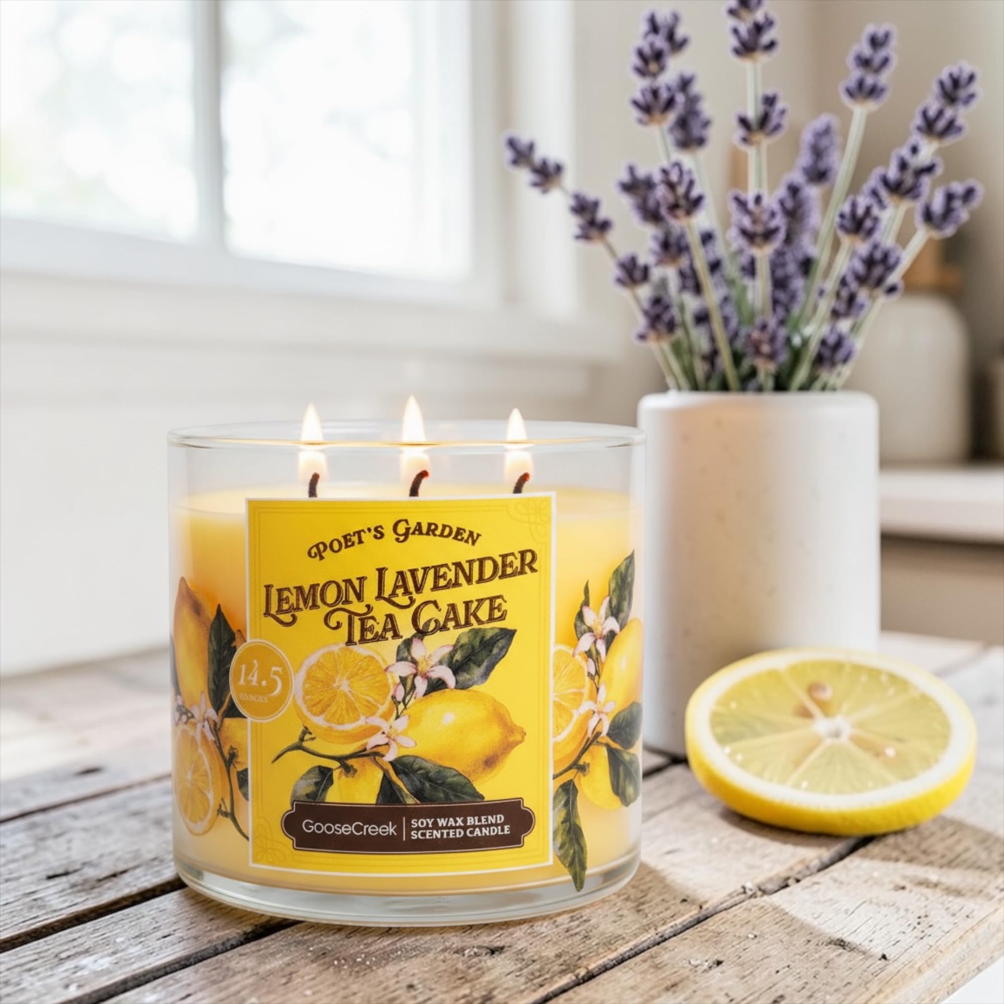 Lemon Lavender Tea Cake Scented Candle, 14.5 Ounce, 3 Wick, Round Glass Jar with Artisanal Soap Gift