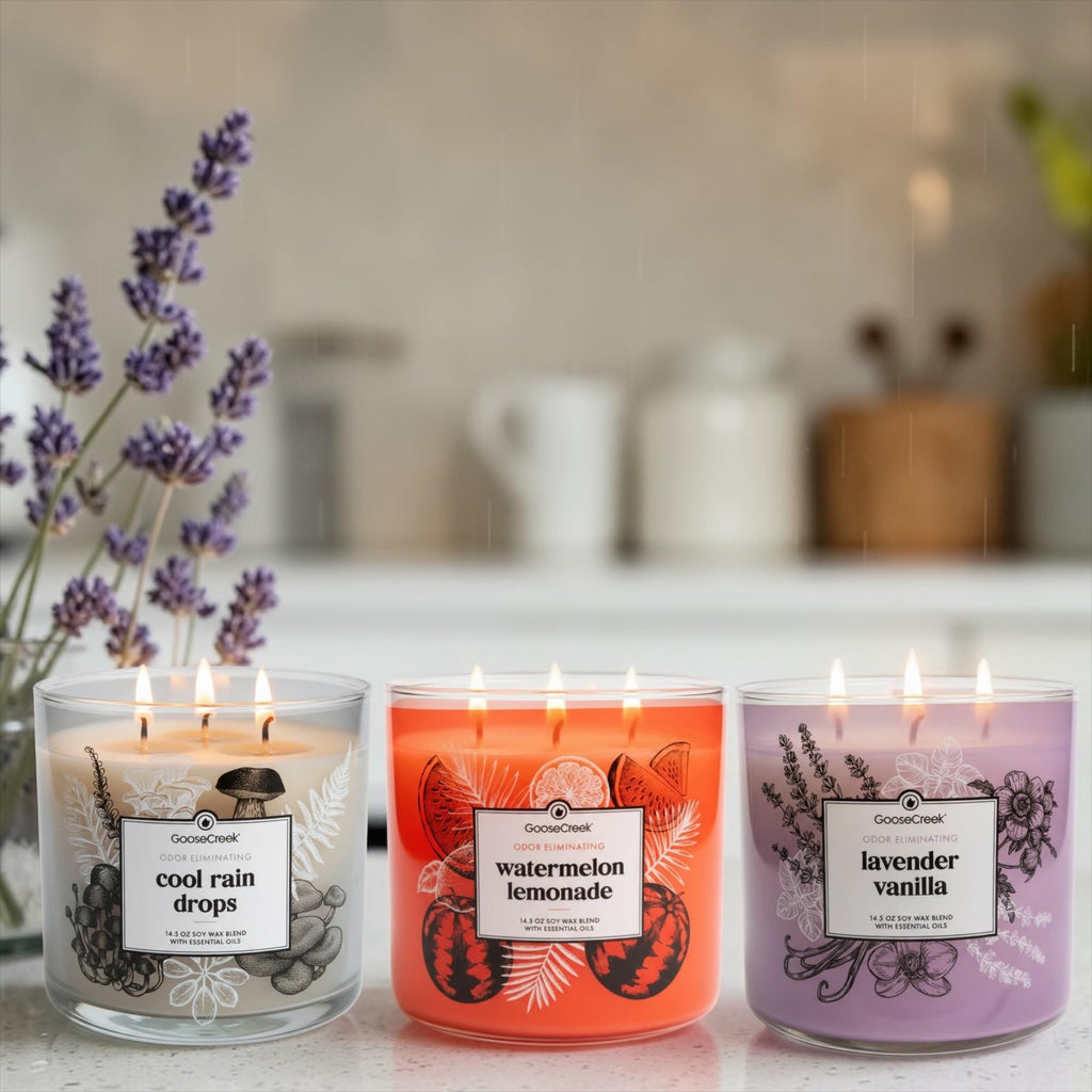 Odor Eliminating Scented Candle, 14.5 oz Soy Wax Blend with Essential Oils, 3-Pack (Cool Rain Drops, Lavender Vanilla, Watermelon Lemonade)