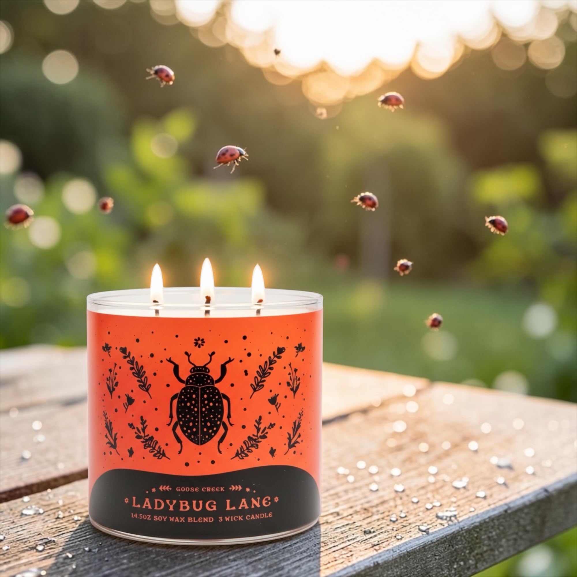Ladybug Lane Scented Candle, 14.5oz Soy Wax Blend 3 Wick, Orchard Peach Raspberry Wildflower Fragrance & Artisanal Shortcake Soap Gift