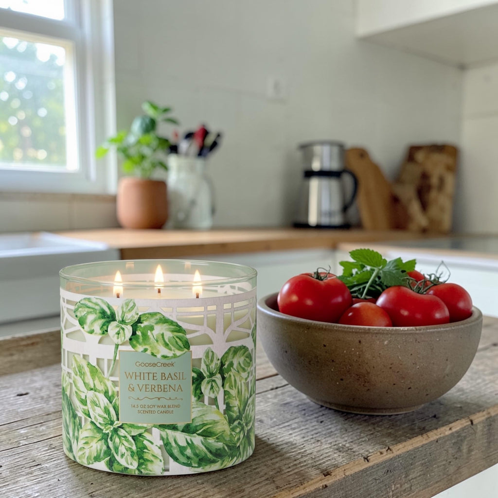 White Basil & Verbena Scented Candle, 14.5 oz Soy Wax Blend, Gold Lid