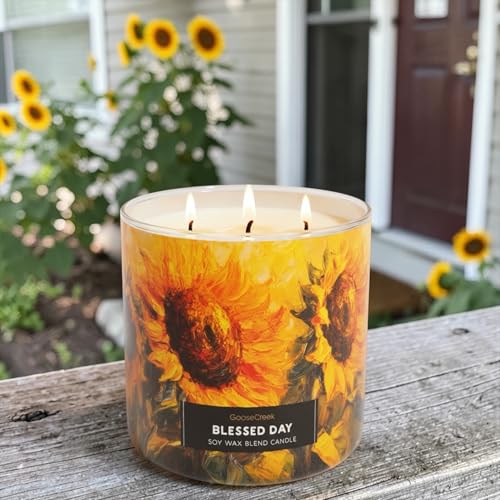 Blessed Day Soy Wax Blend Candle with Sunflower Design, Scented with Apples, Pumpkin, Cinnamon, Includes Artisanal Goat Soap Gift.