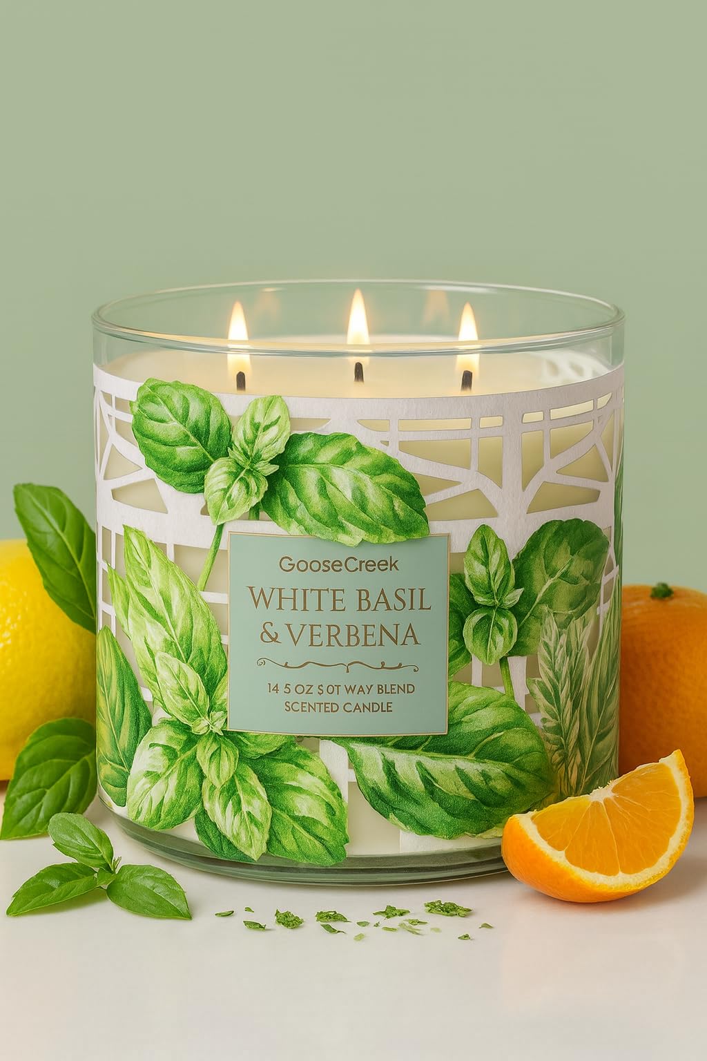 White Basil & Verbena Scented Candle, 14.5 oz Soy Wax Blend, Gold Lid