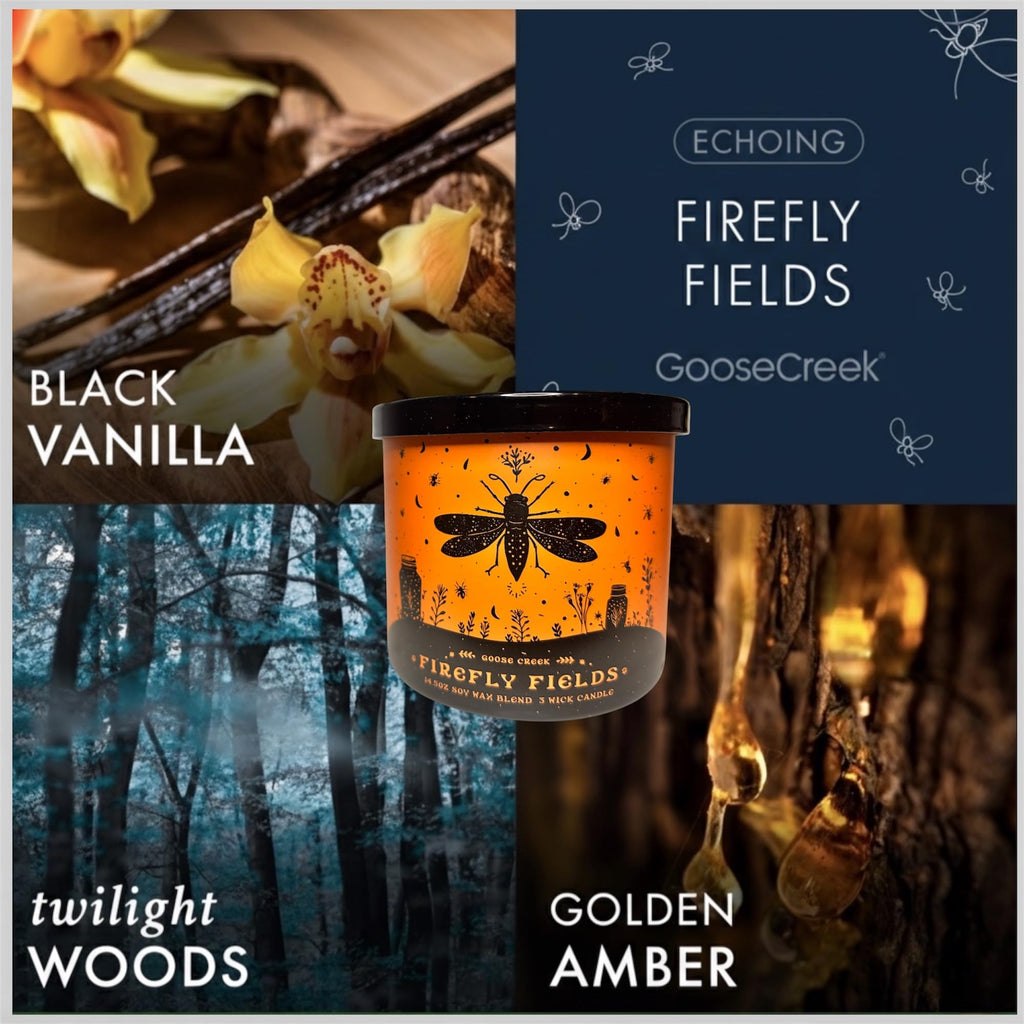 Goose Creek Firefly Fields Soy Wax Blend 3 Wick Candle, 14.5oz, Black Vanilla Scent & as a Gift Artisanal Shortcake soap.
