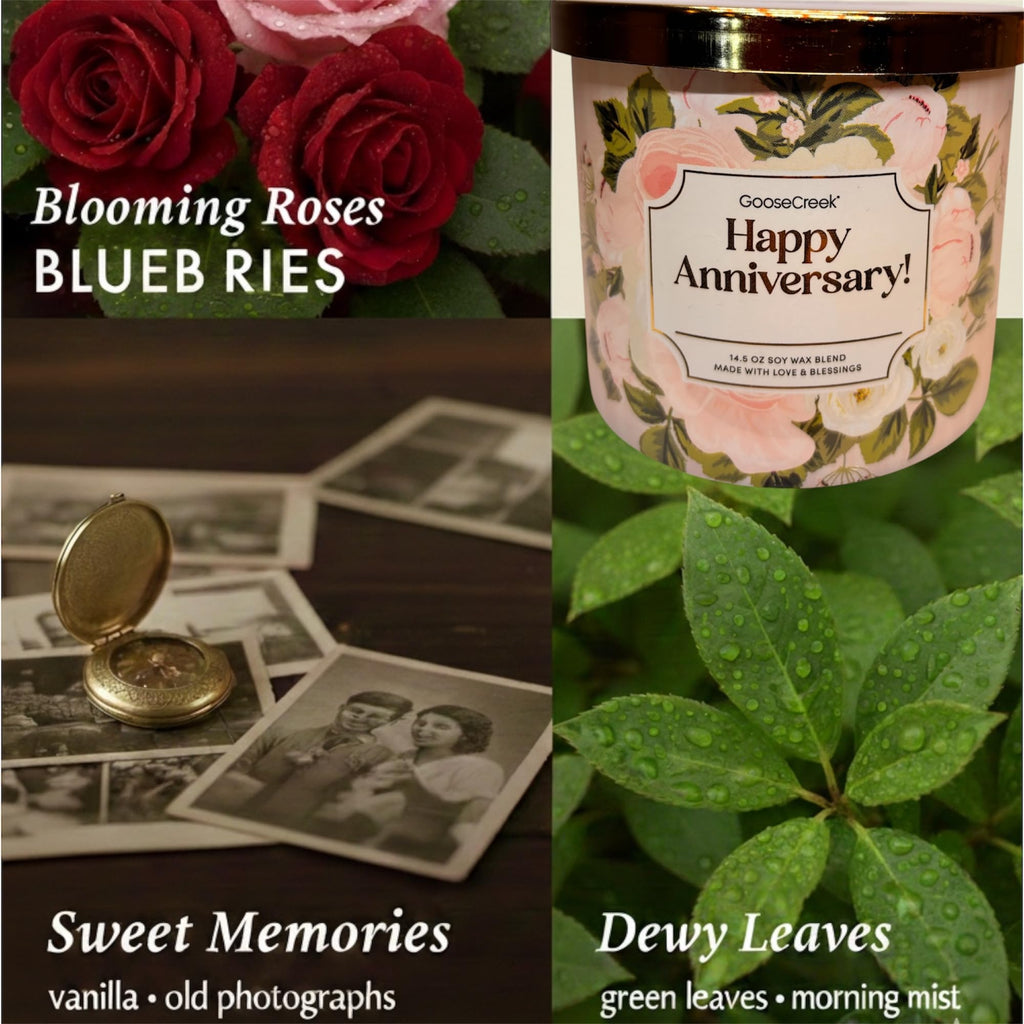 Goose Creek Happy Anniversary Candle, Soy Wax Blend, 14.5 oz, Three Wick, Floral Design