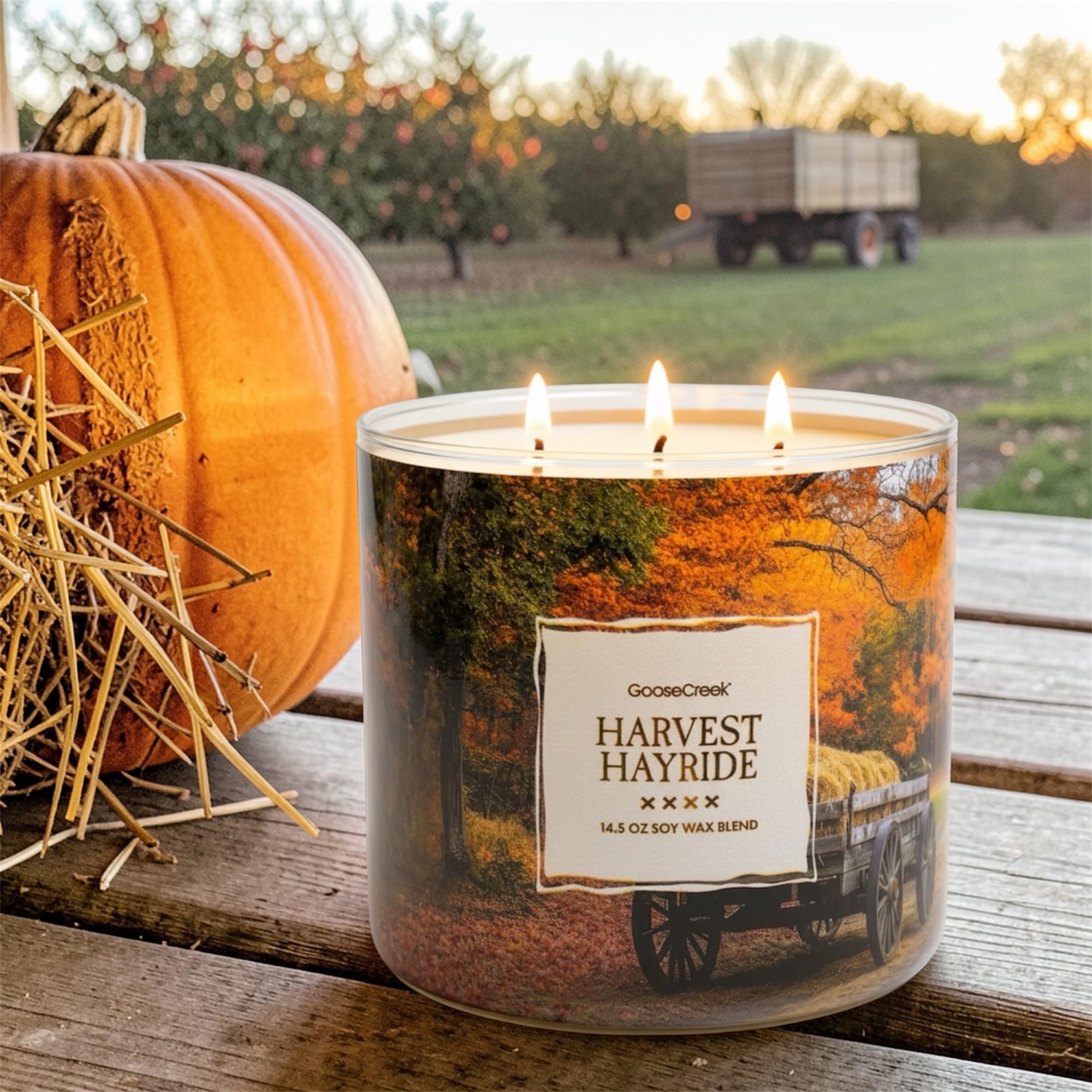 Harvest Hayride Scented Candle, Soy Wax Blend, Orchard Apple, Spiced Pumpkin, Mountain Hay, Warm Cedar, 14.5 oz