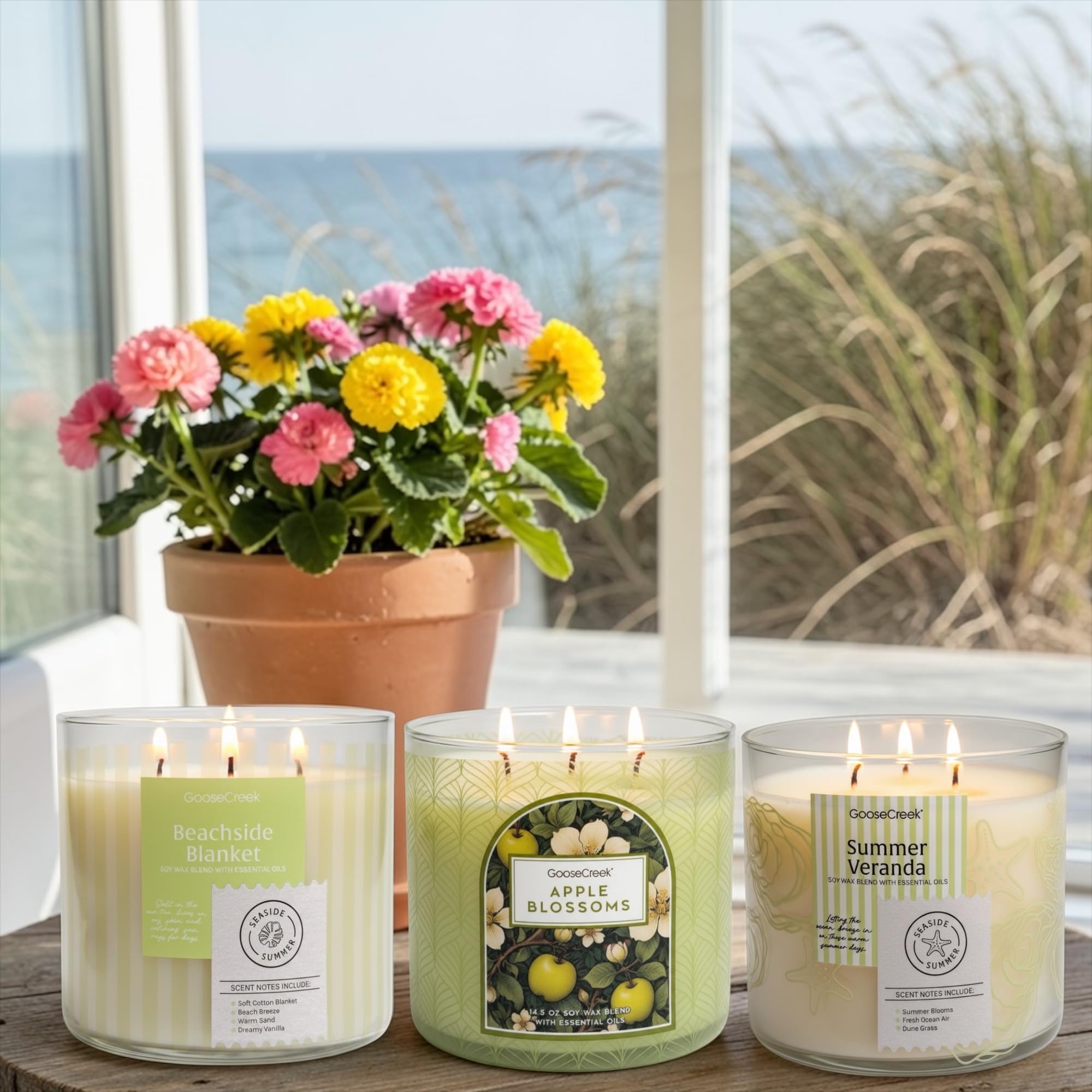 Seaside Summer Collection, Set o 3-Wick 14.5 oz Scented Candles, Soy Wax Blend with Essential Oils,