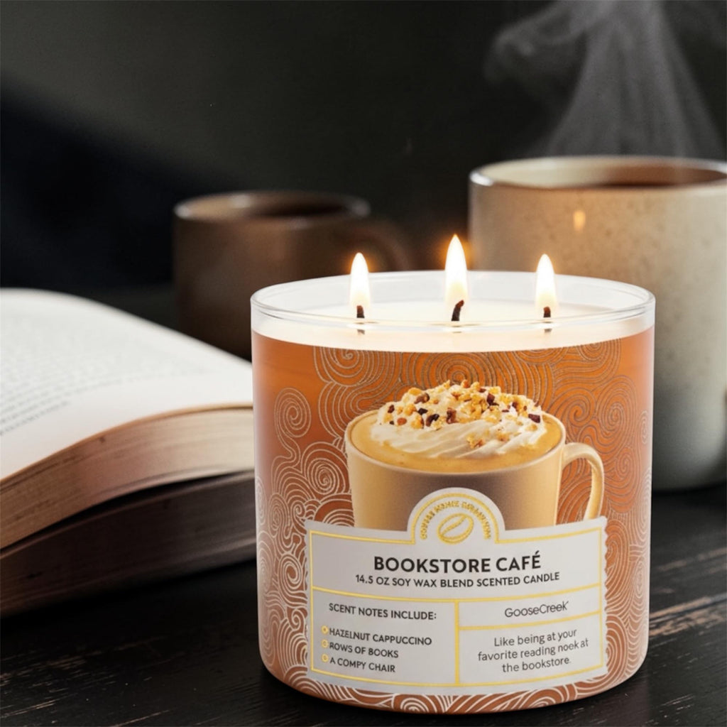 Bookstore Café Scented Candle, 3-Wick, Soy Wax Blend, 14.5 oz, Hazelnut Cappuccino Scent