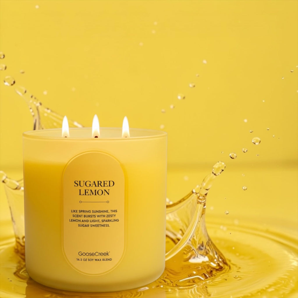Sugared Lemon Scented Candle, Soy Wax Blend, 14.5 oz, 3 Wick, Round Glass Jar, Fruity Zesty Scent with Artisanal Soap Gift