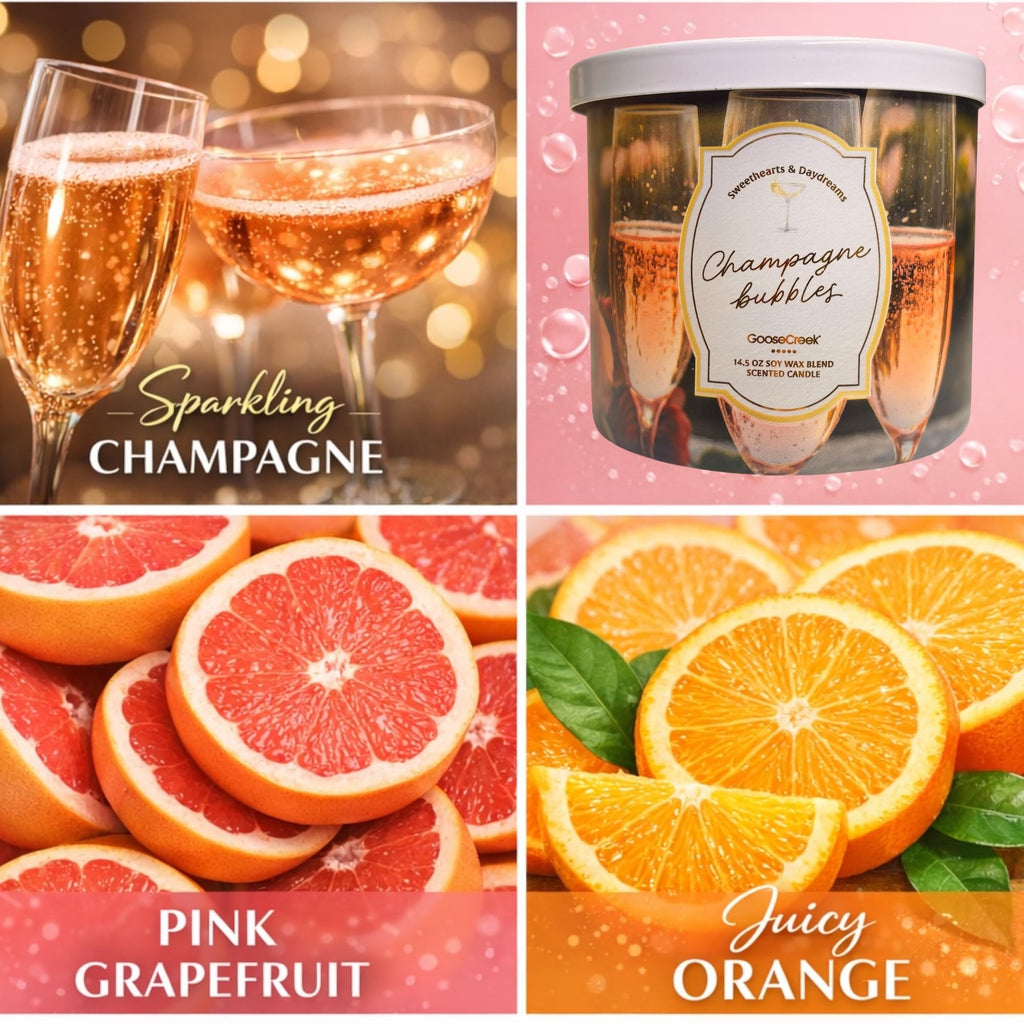 Champagne Bubbles Scented Candle, 14.5 oz Soy Wax Blend, 3-Wick, Sparkling Champagne, Pink Grapefruit, Juicy Orange