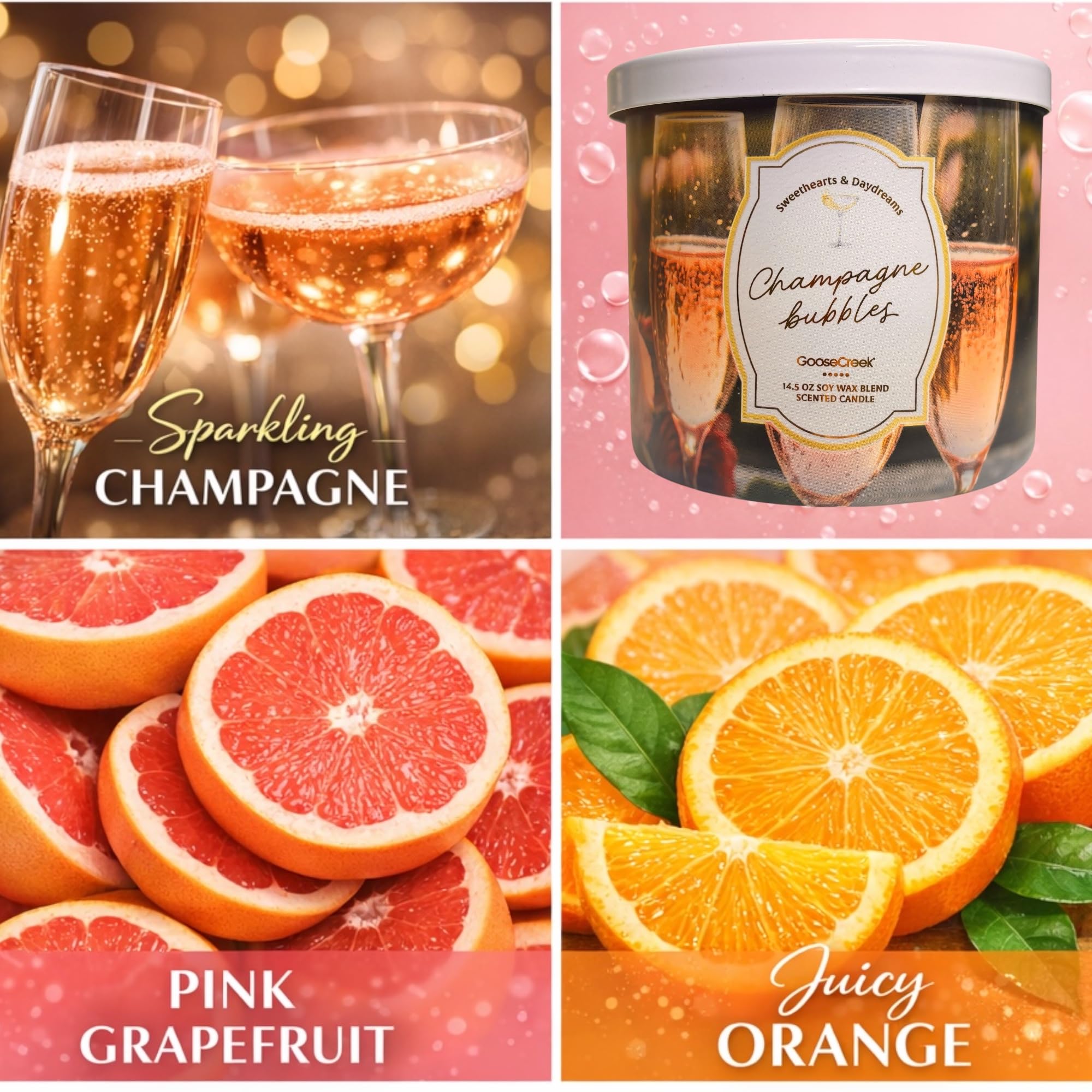 Champagne Bubbles Scented Candle, 14.5 oz Soy Wax Blend, 3-Wick, Sparkling Champagne, Pink Grapefruit, Juicy Orange