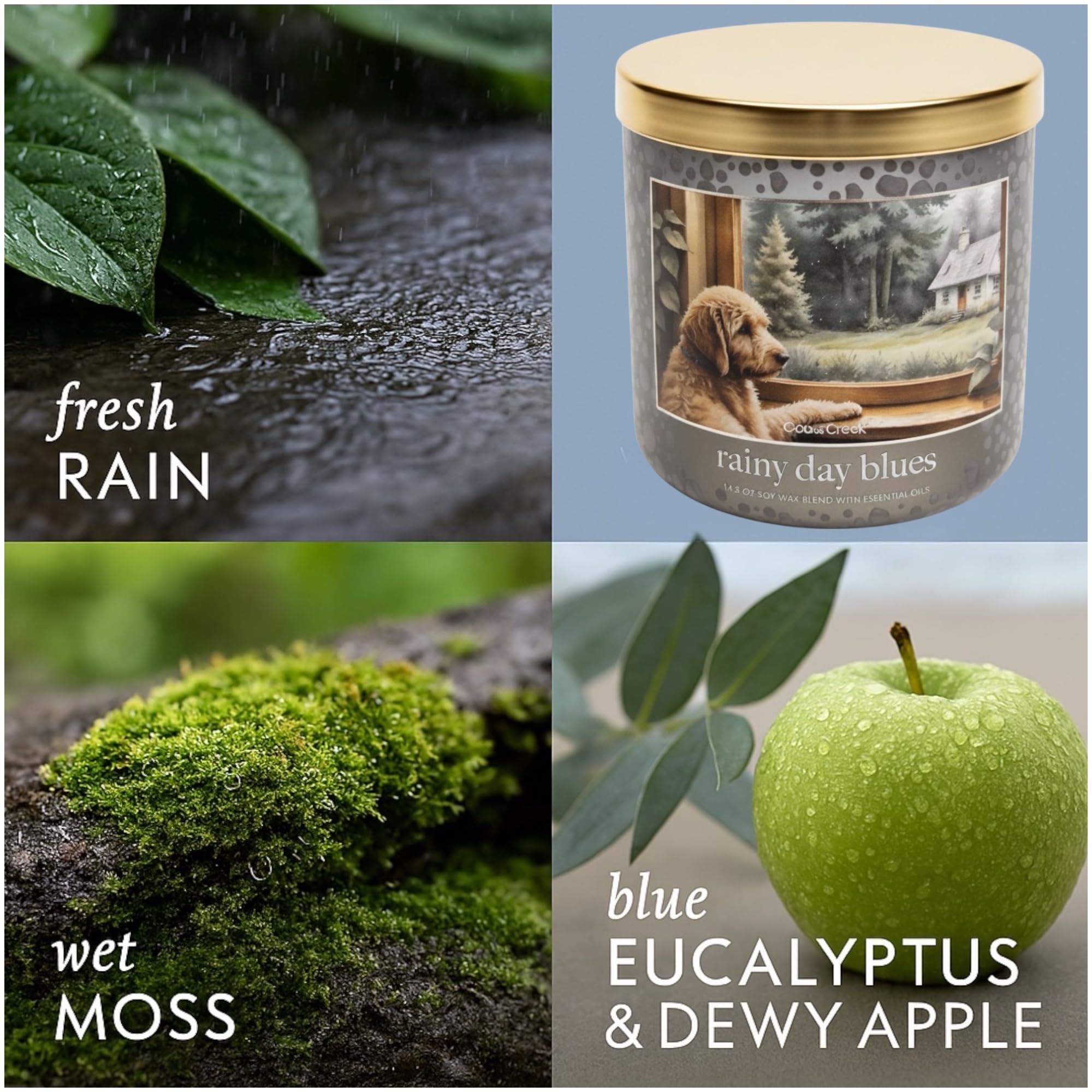 Rainy Day Blues Scented Candle, 14.5 oz Soy Wax Blend with Essential Oils, Fresh Rain, Wet Moss, Blue Eucalyptus & Dewy Apples