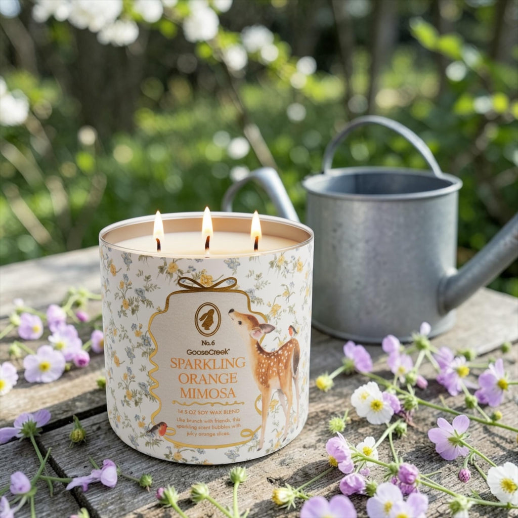 Sparkling Orange Mimosa Scented Candle, 14.5 oz Soy Wax Blend with Gold Lid, Includes Artisanal Goat Soap Gift