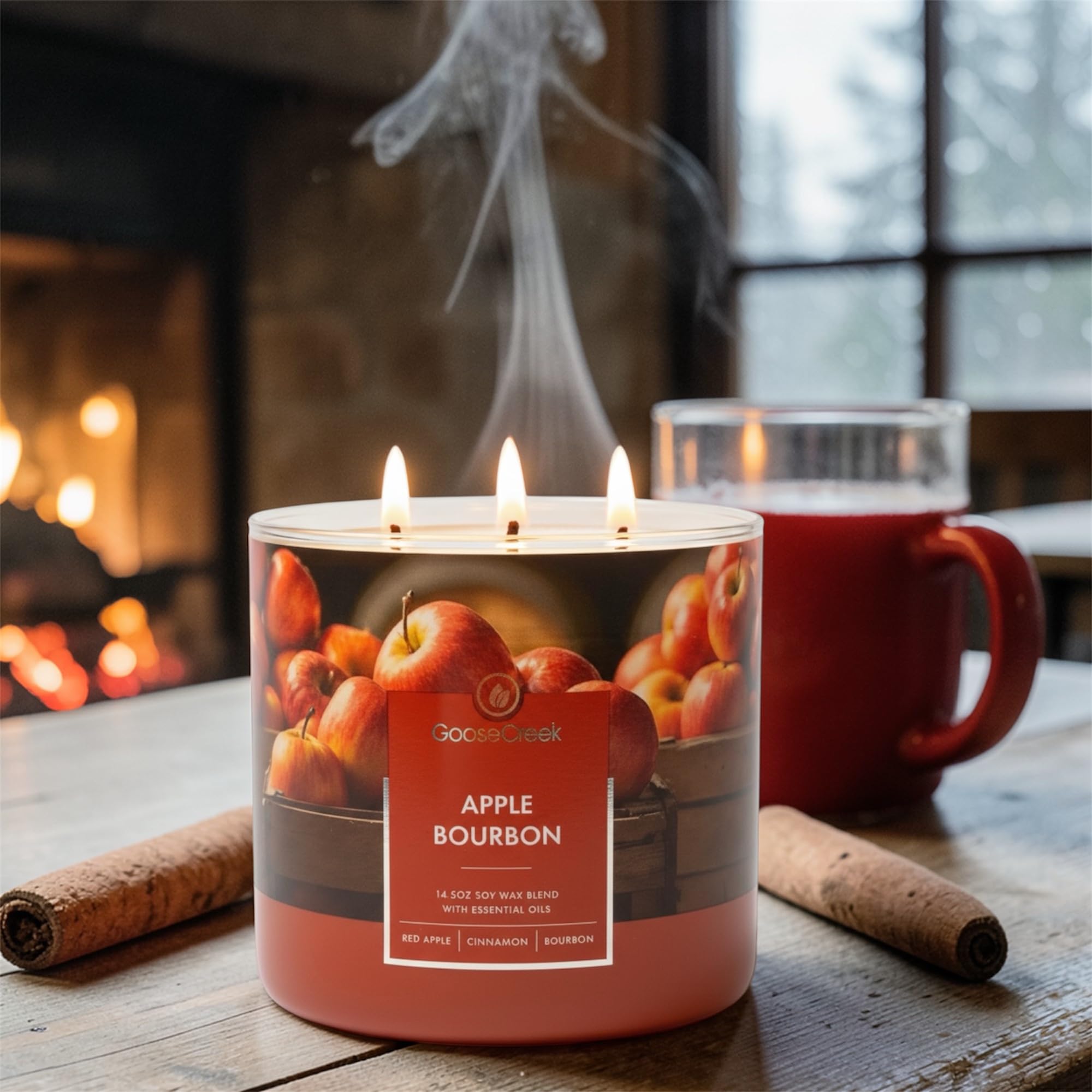 Apple Bourbon 3-Wick Candle, 14.5 oz Soy Wax Blend, Red Apple, Cinnamon Spice, Oak-Barrel Bourbon